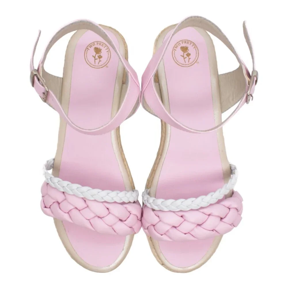 NIB Two Pretty Girls Pink & White Braided Espadrille Wedge Sandal